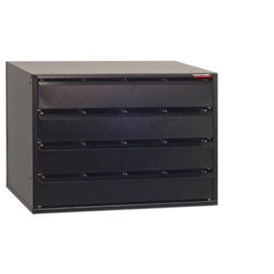 PL-4DF-M CLOSED Large storage capacity modular drawer cabinet with 3” deep drawers. Each drawer is equipped with heavy duty ball bearing slides. Drawers extend fully and have a storage capacity of 100 pounds each. Each drawer includes a polystyrene 3” deep insert with 12 adjustable dividers. Each divider has a lip label area to note contents or bar code label. Each drawer has a steel full width angled drawer pull. Top threaded mounting holes to stack with other cabinets and side holes for ganging. Ships fully assembled.