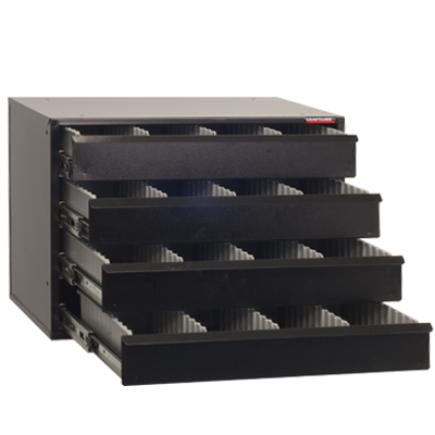 PL-4DF-M OPEN B Large storage capacity modular drawer cabinet with 3” deep drawers. Each drawer is equipped with heavy duty ball bearing slides. Drawers extend fully and have a storage capacity of 100 pounds each. Each drawer includes a polystyrene 3” deep insert with 12 adjustable dividers. Each divider has a lip label area to note contents or bar code label. Each drawer has a steel full width angled drawer pull. Top threaded mounting holes to stack with other cabinets and side holes for ganging. Ships fully assembled.