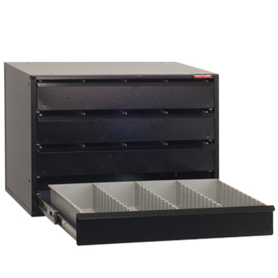 PL-4DF-M OPEN Large storage capacity modular drawer cabinet with 3” deep drawers. Each drawer is equipped with heavy duty ball bearing slides. Drawers extend fully and have a storage capacity of 100 pounds each. Each drawer includes a polystyrene 3” deep insert with 12 adjustable dividers. Each divider has a lip label area to note contents or bar code label. Each drawer has a steel full width angled drawer pull. Top threaded mounting holes to stack with other cabinets and side holes for ganging. Ships fully assembled.