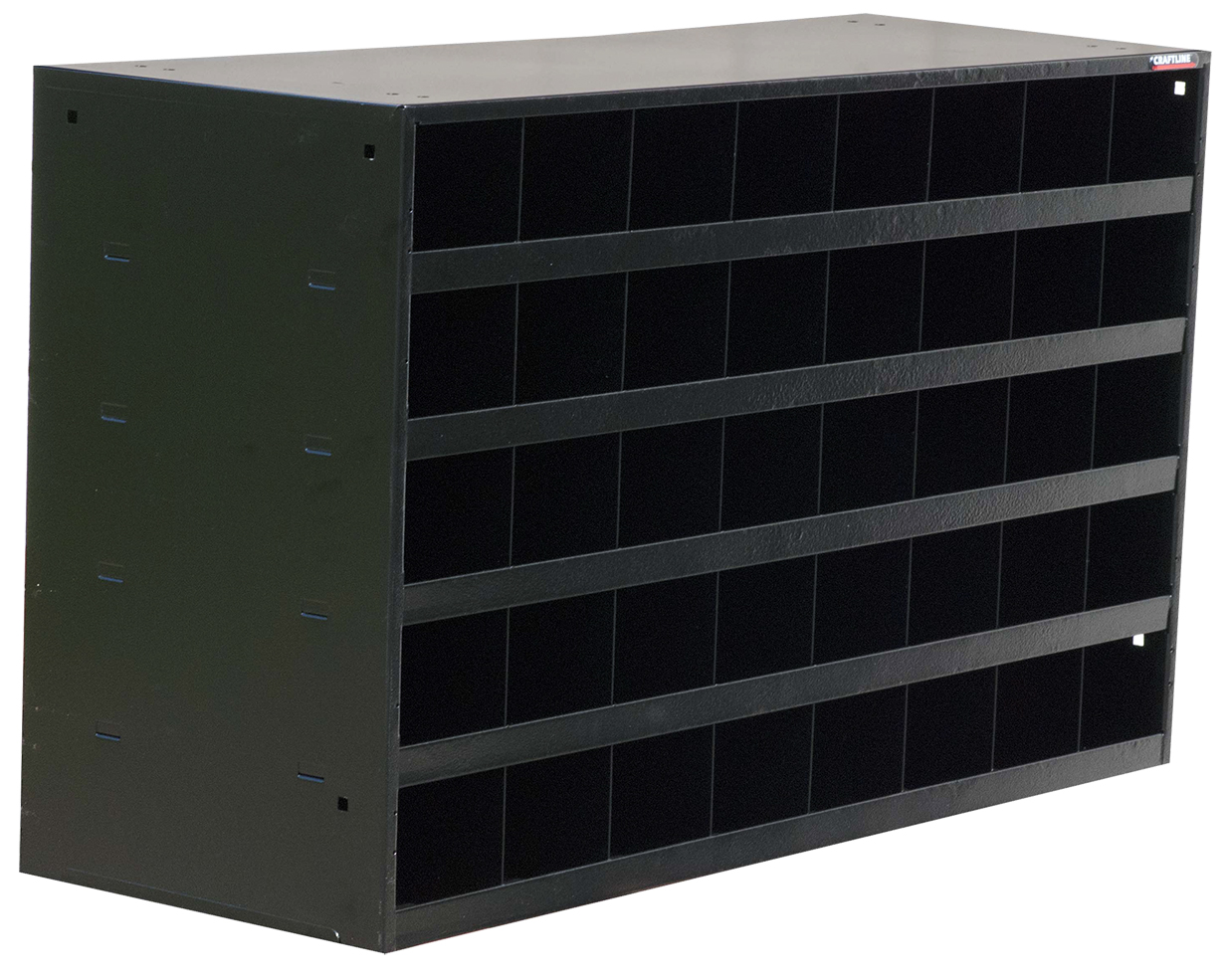 Black heavy duty scoop front bin cabinet with 40 compartments